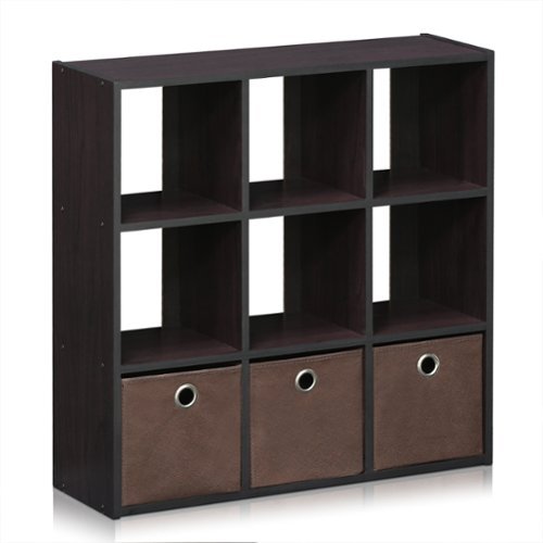Furinno - Simplistic 9-Cube Organizer with Bins - Dark Walnut-Front_Standard 