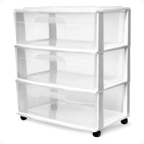 Homz - Plastic 3 Clear Drawer Small Rolling Storage Container Tower, White Frame-Front_Standard 