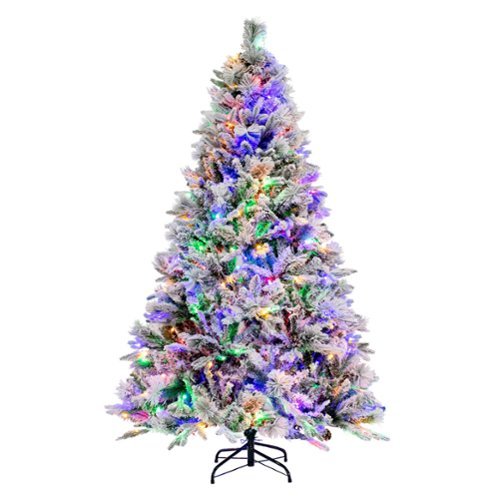 Costway - 6 FT Pre-Lit Snow Flocked Christmas Tree Hinged Xmas Tree with 8 Modes 240 Lights - Green/White