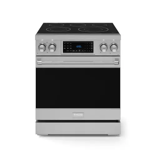 The image shows a stainless steel Thor oven with a digital display. The oven has a stove top and a built-in clock. The clock is set to 12:00, indicating that it is currently noon. The oven is a modern and sleek appliance, likely designed for efficient cooking and easy use.