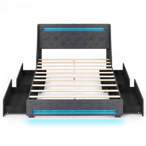 Costway Full Size Bed Frame with LED Lights & Charging Station Upholstered Platform Bed - Gray