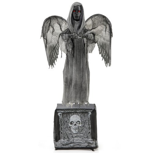 Costway 5.5ft Halloween Animatronic Decoration Animated Praying Angel Statue with Light Up Eyes & Shaking Wings - Grey