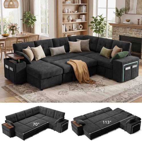 Dyonery - 7-Seat Modular Sectional Sleeper Sofa with Pull-Out Bed, Reclining Backrest, USB Ports, Table, LED Lights,Gray - Gray-Front_Standard 