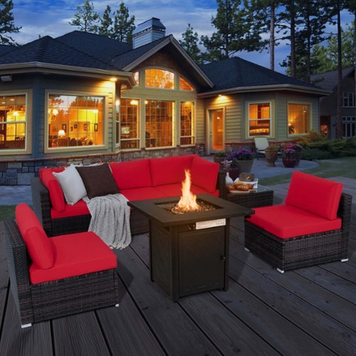 Costway 7 PCS Patio Furniture Set with 28" 50000 BTU Propane Gas Fire Pit Table Cushions - Red