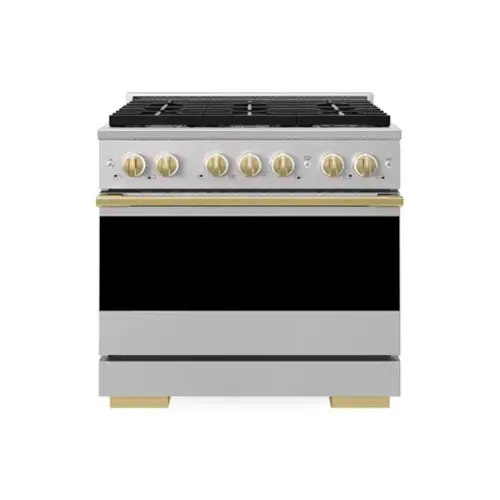 Front. ZLINE - Autograph 36 in. 5.2 cu. ft. Marino Dual Fuel Freestanding Range w/ 6 Gas Burners & Convection Oven w/ Gold Accents - Stainless Steel.