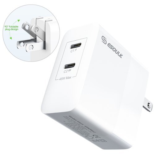 Esoulk - Premium 45W Dual PD USB-C Fast Charging Wall Adapter Charger for iPhone 17 Pro Max, Macbook Laptops - White-Front_Standard 