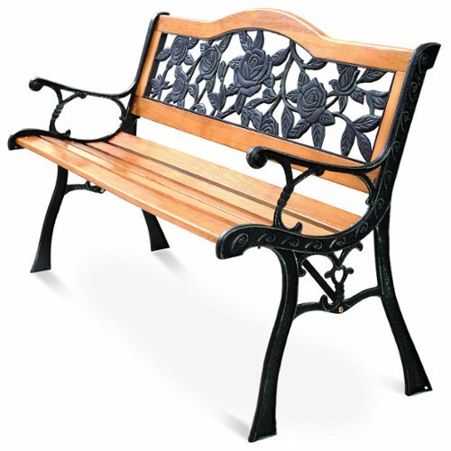 Costway - Patio Park Garden Metal Bench Porch Path Chair Furniture Cast Iron Hardwood - Yellow-Front_Standard 