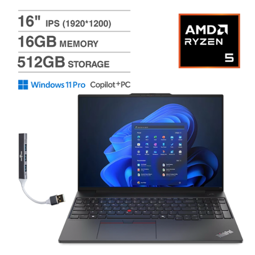 Lenovo - ThinkPad E16 Laptop 16.0 WUXGA (AMD Ryzen 5 230, 16GB DDR5, 512GB M.2 PCIe SSD, Win 11 Pro) w/USB Hub - Black-Front_Standard 