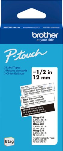 Brother - P-touch Btag BTAG-3M01 3-Pack Label Tape, 1/2" x 13.1’ (12mm x 4m), White on Clear, Black on White, White on Black