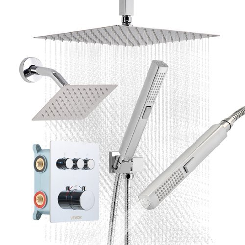VEVOR - Shower Faucet Set, 12Inch Thermostatic Ceiling Mount Rainfall Shower System with 6 Inch Wall Mount Head and 2 in 1 Spray - Chrome-Front_Standard 