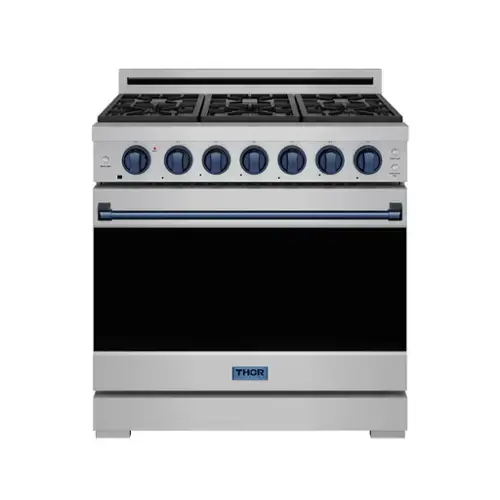 Front. Thor Kitchen - Gordon Ramsay Series by Thor Kitchen 6.0 Cu. Ft Freestanding Gas Range with Navy Blue Hardware - Stainless Steel.