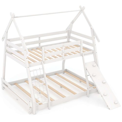 Costway - Twin Over Queen Bunk Bed House Shaped Bed Frame with Climbing Nets and Ramp - White-Front_Standard 