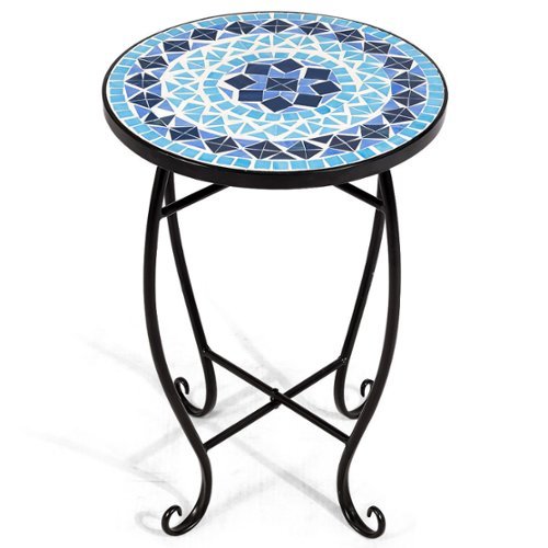Costway - Outdoor Indoor Accent Table,Mosaic Patio Table, Plant Stand Cobalt Blue Color Scheme Garden Steel - multicolor