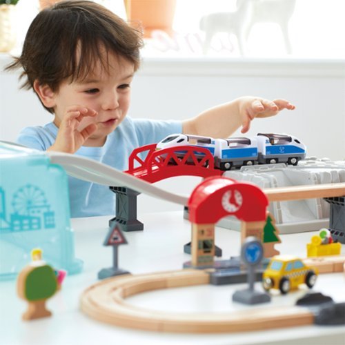 Hape  Wooden City Train Railway Bucket Playset, 48 Pieces WORLDWIDE DELIVERY