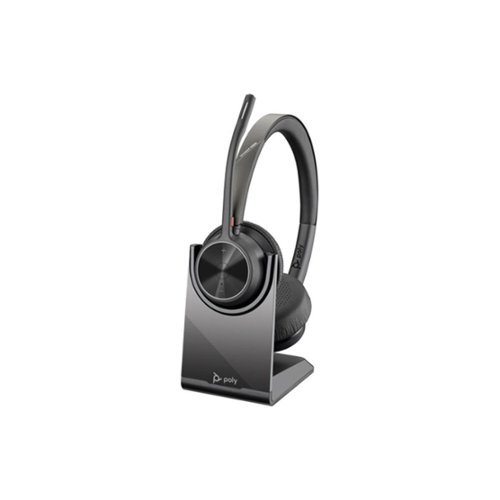 HP - Poly Voyager 4320 UC Wireless Stereo Headset with Charging Stand and USB-A Adapter, Zoom Certified - Blue-Front_Standard 