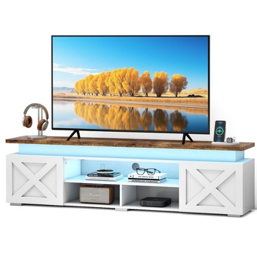 Skyzoo - TV Stand for with LED Lights & Power Outlets, Farmhouse Entertainment Center, up to 80" TVs - White-Front_Standard 