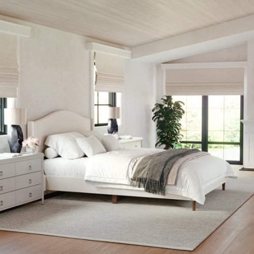 Martha Stewart - Amelia Faux Linen Upholstered Queen Size Platform Bed with Curved Headboard in Beige - Beige Fabric/Walnut Legs