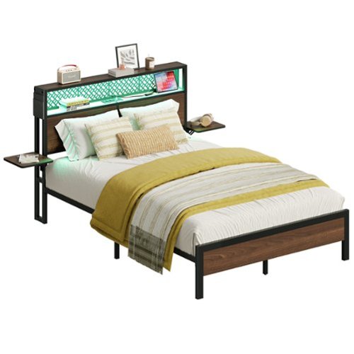 Bestier Full Size Metal Platform Bed Frame with LED Storage Headboard and Charging Station - Brown