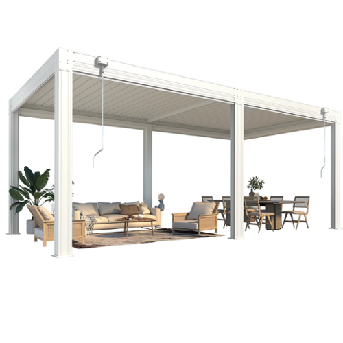 U-HOMY - 10'x20' Outdoor Louvered Pergola - Features Adjustable Aluminum Roof & Drop-Down Curtains - White-Front_Standard 