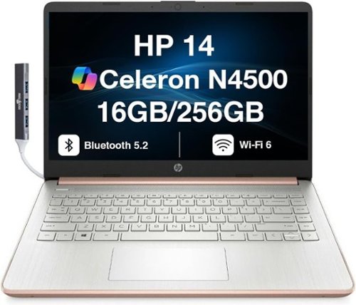HP - Upgraded - 14 Laptop 14.0 HD (Intel Celeron N4500, 16GB DDR4, 256GB PCIe SSD, Intel UHD, Win 11 Pro) w/USB Hub - Pale Rose Gold Natural Silver-Front_Standard 