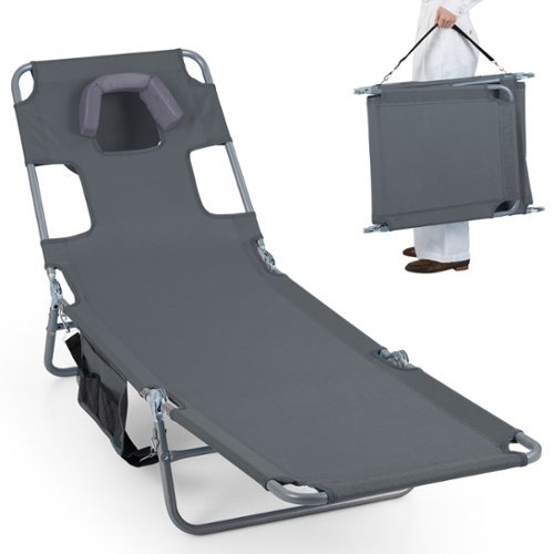 Costway - Patio Tanning Chair,Folding Beach Lounge Chair with 5-Position Adjustable Backrest - Gray-Front_Standard 