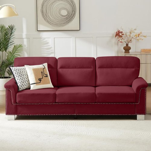 Trinkets Crazed - 82" Modern Compressed Snowfleece Fabric 3-Seater Sofa, for Living Room - Burgundy-Front_Standard 