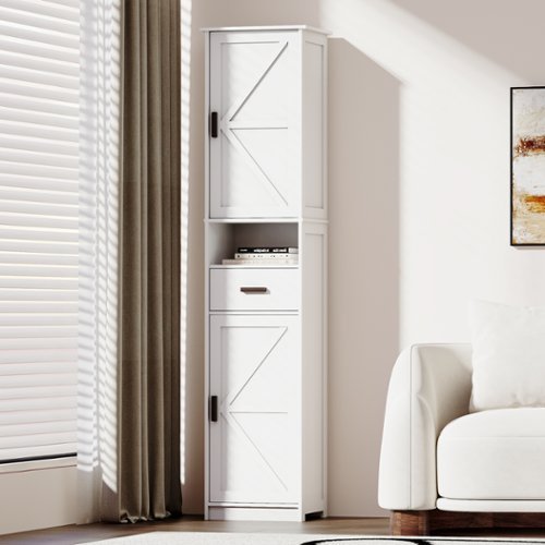 LOVMOR - Metal Pantry Storage Cabinet with Freestanding Cupboard and Retractable Doors - White-Front_Standard 