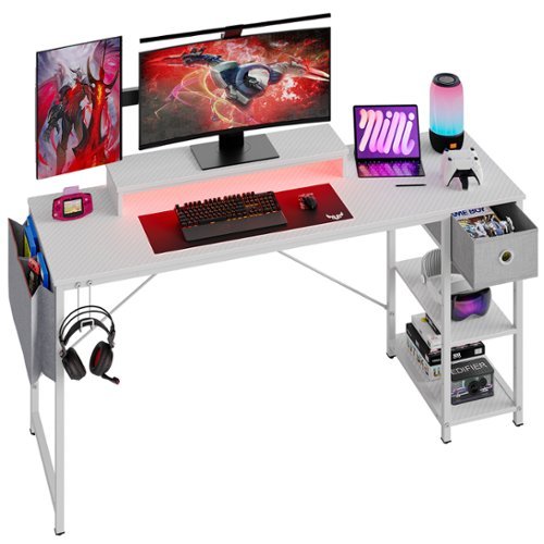 Bestier 62-Inch Gaming Desk with LED Lighting and Monitor Stand Reversible Computer Desk with Drawer - White