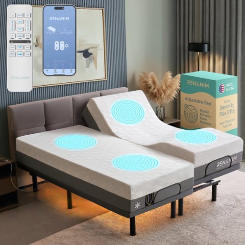 Renanim - SFE Split King Adjustable Electric Bed Frame with 14" Hybrid Mattress, Massage, USB, Remote & UnderBed Light - Gray-Front_Standard 