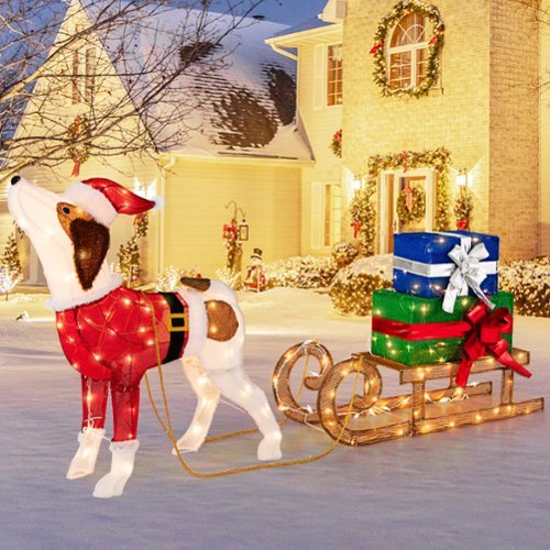 Costway Pre-Lit Christmas Dog Sleigh & Gift Boxes Combo Christmas Decoration with 170 Lights - Multicolor