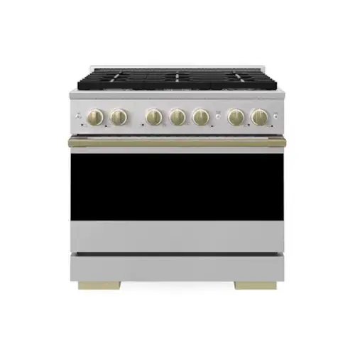 Front. ZLINE - Autograph 36 in. 5.2 cu. ft. Marino Freestanding Gas Range with 6 Burners and Manual Clean Oven with Bronze Accents - Stainless Steel.