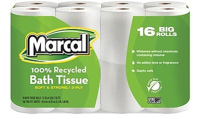 Small Steps - Marcal® 100% Recycled Bath Tissue, 2-Ply, White, 168 Sheets/Roll, 16 Rolls/Case (16466)