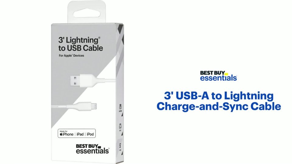Best Buy essentials™ - 3' USB-A to Lightning Charge-and-Sync Cable Features video 1 minutes 15 seconds