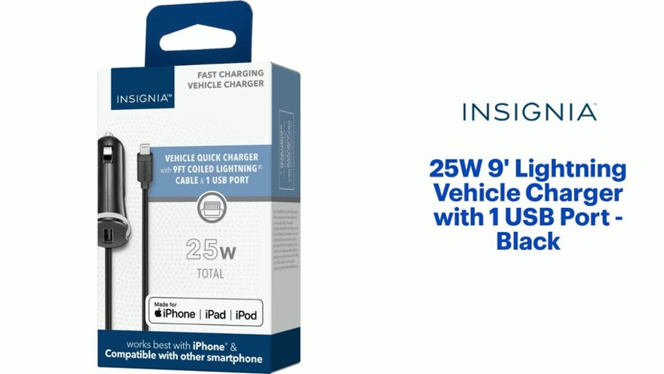Insignia™ - 25W Lightning Vehicle Charger with 9ft coiled cable and additional USB Port for iPhone, iPad and More Features video 1 minutes 15 seconds