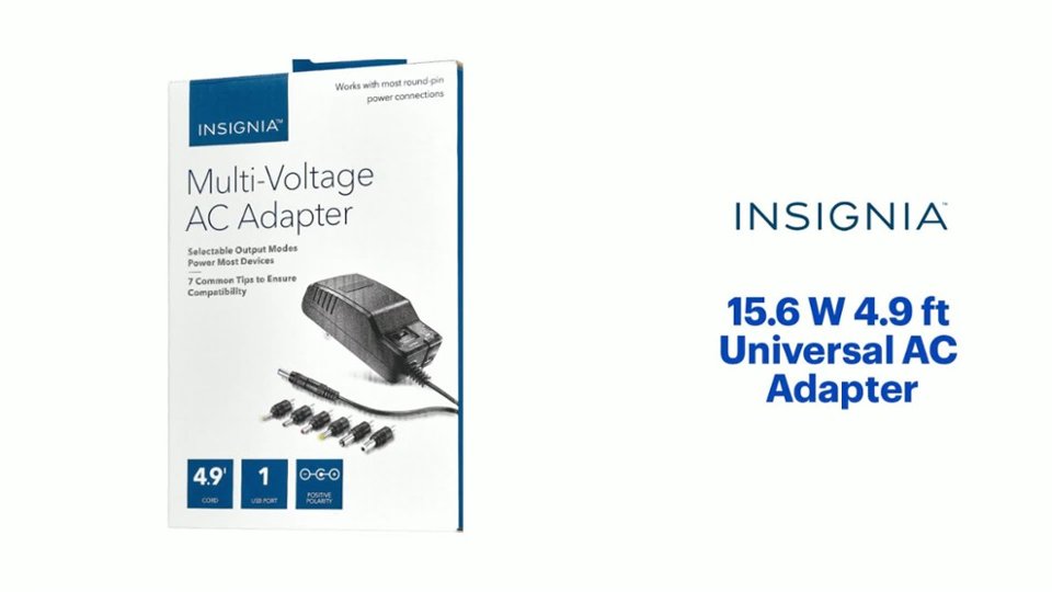 Insignia™ - 15.6 W 4.9 ft Universal AC Adapter Features video 0 minutes 41 seconds