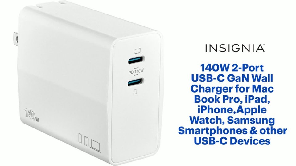 Insignia™ 140W 2-Port USB-C GaN Wall Charger Features video 1 minutes 05 seconds