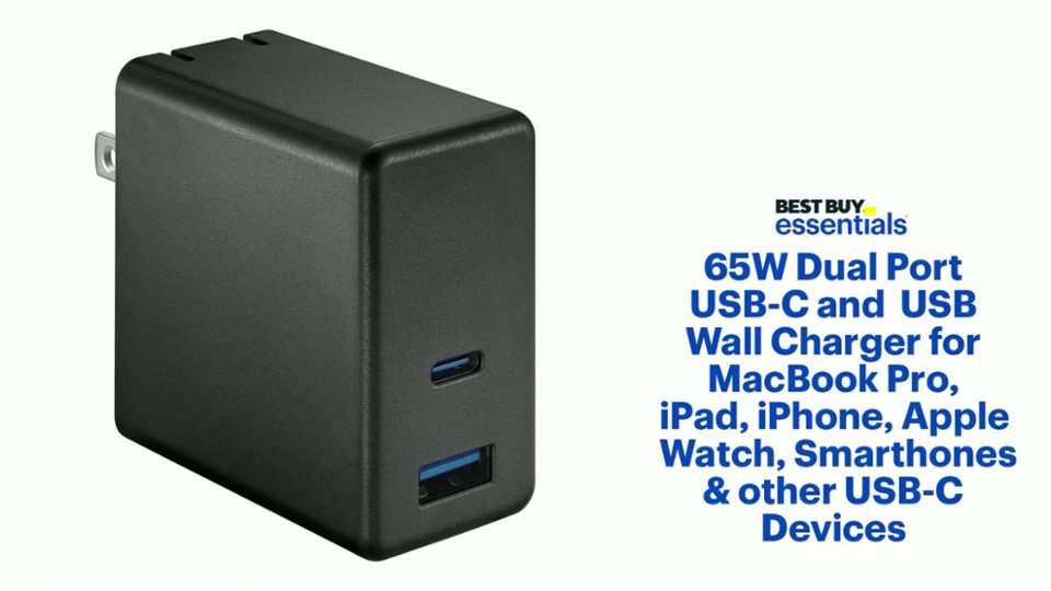 Best Buy essentials™ 65W Dual Port USB-C and USB Wall Charger Features video 1 minutes 08 seconds