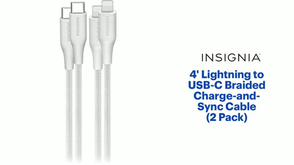 InsigniaT - 4' Lightning to USB-C Braided Charge-and-Sync Cable (2 Pack) - Moon Gray Product Features video 0 minutes 58 seconds