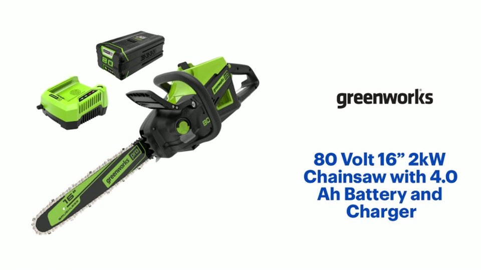 Greenworks - 80 Volt 16" 2kW Chainsaw with 4.0 Ah Battery and Charger - Green Product Features video 2 minutes 20 seconds
