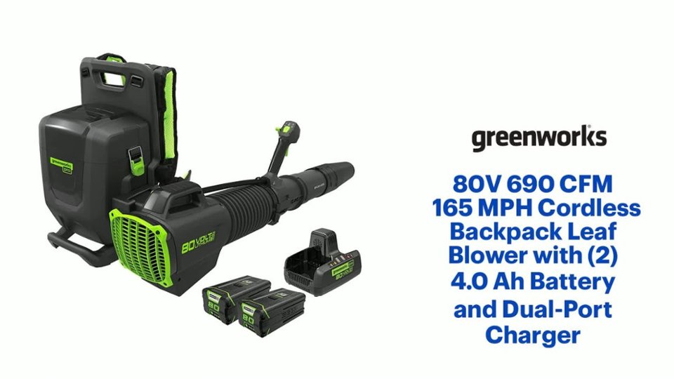 Greenworks - 80V 690 CFM 165 MPH Cordless Backpack Leaf Blower with (2) 4.0 Ah Battery and Dual-Port Charger video 2 minutes 02 seconds