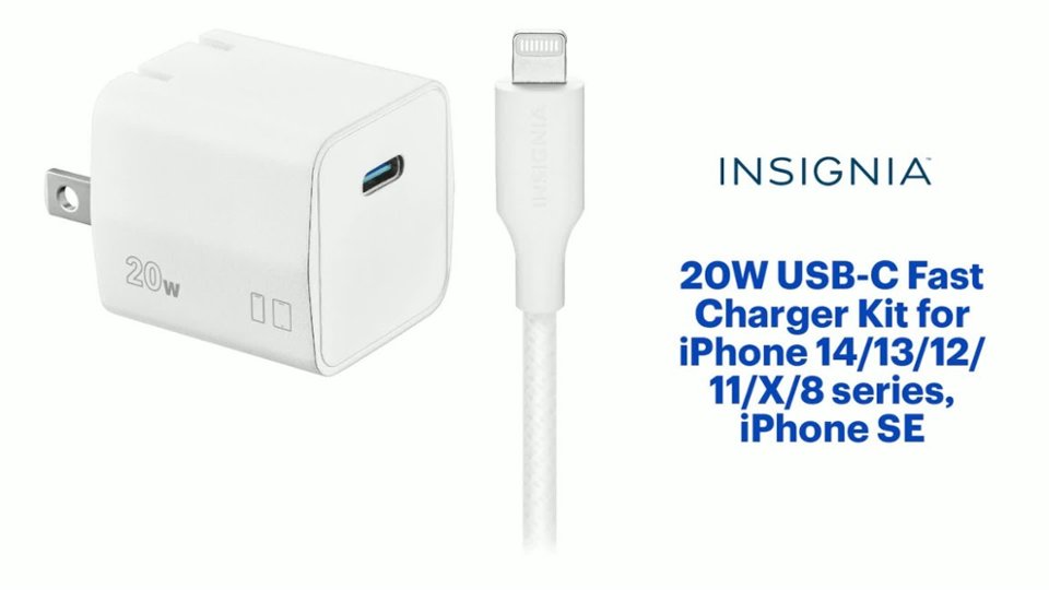 Insignia™ - 20W USB-C Fast Charger Kit for iPhone 14/13/12/11/X/8 series, iPhone SE Features video 1 minutes 34 seconds
