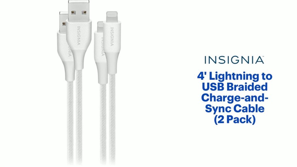 InsigniaT - 4' Lightning to USB Braided Charge-and-Sync Cable (2 Pack) - Moon Gray Product Features video 0 minutes 48 seconds