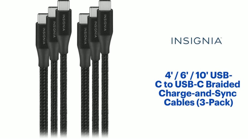 Insignia™ 4' / 6' / 10' USB-C to USB-C Braided Charge-and-Sync Cables (3-Pack) Features video 1 minutes 09 seconds