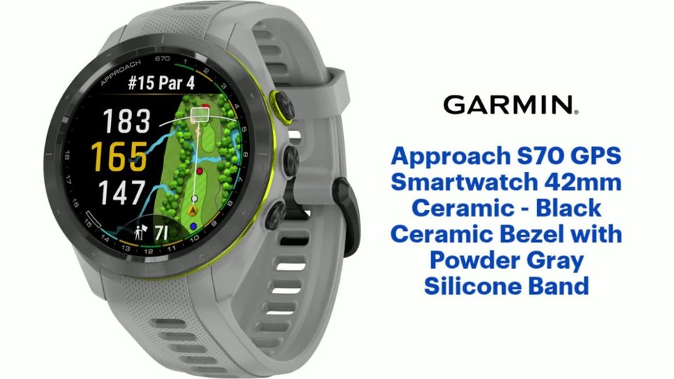 Garmin - Approach S70 GPS Smartwatch 42mm Ceramic - Black Ceramic Bezel with Powder Gray Silicone Band Features video 1 minutes 20 seconds