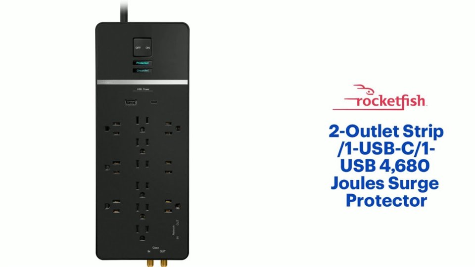 Rocketfish™ 12-Outlet Strip/1-USB-C/1-USB 4,680 Joules Surge Protector Features video 1 minutes 32 seconds