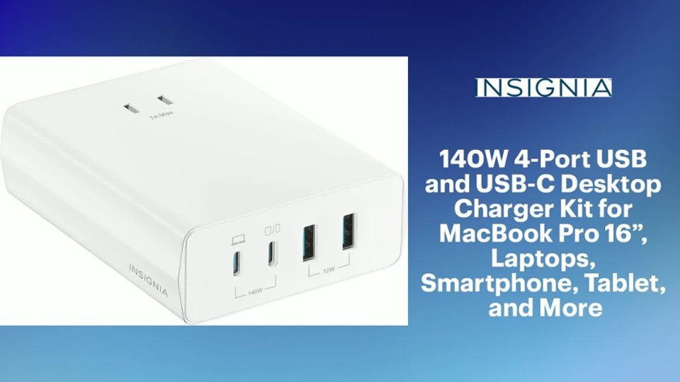 140W 4-Port USB and USB-C Desktop Charger Kit for MacBook Pro 16”, Laptops, Smartphone, Tablet, and More Features video 1 minutes 15 seconds