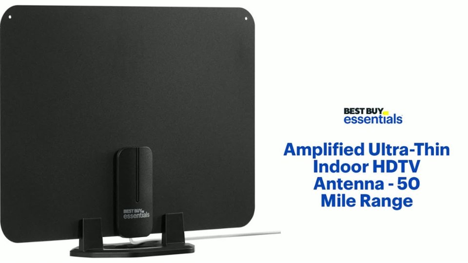 Best Buy essentials™ - Amplified Ultra-Thin Indoor HDTV Antenna - 50 Mile Range Features video 1 minutes 19 seconds