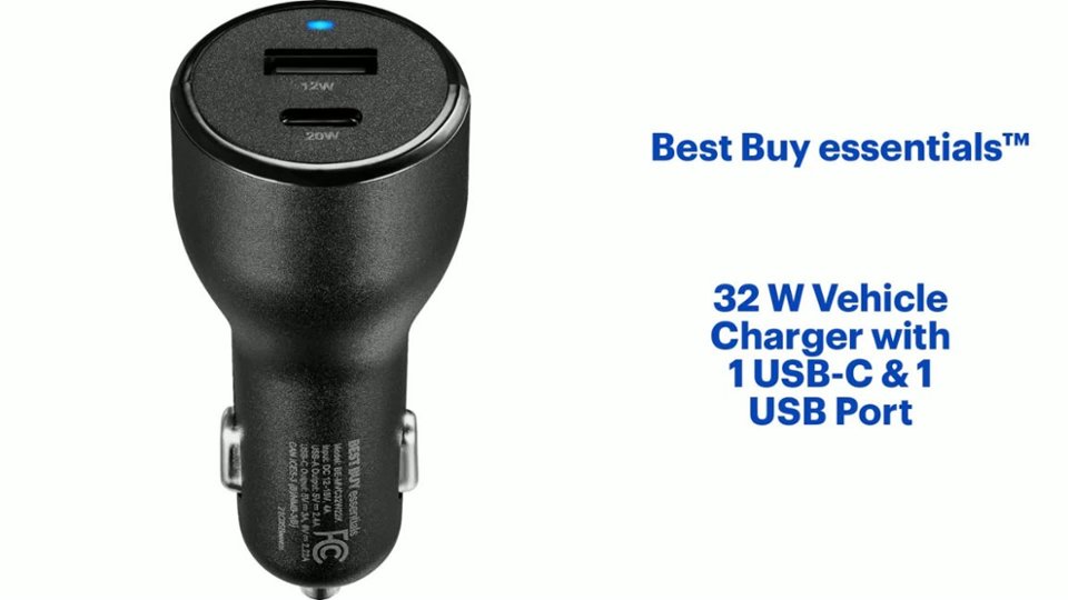Best Buy essentials™ - 32 W Vehicle Charger with 1 USB-C & 1 USB Port Features video 1 minutes 14 seconds