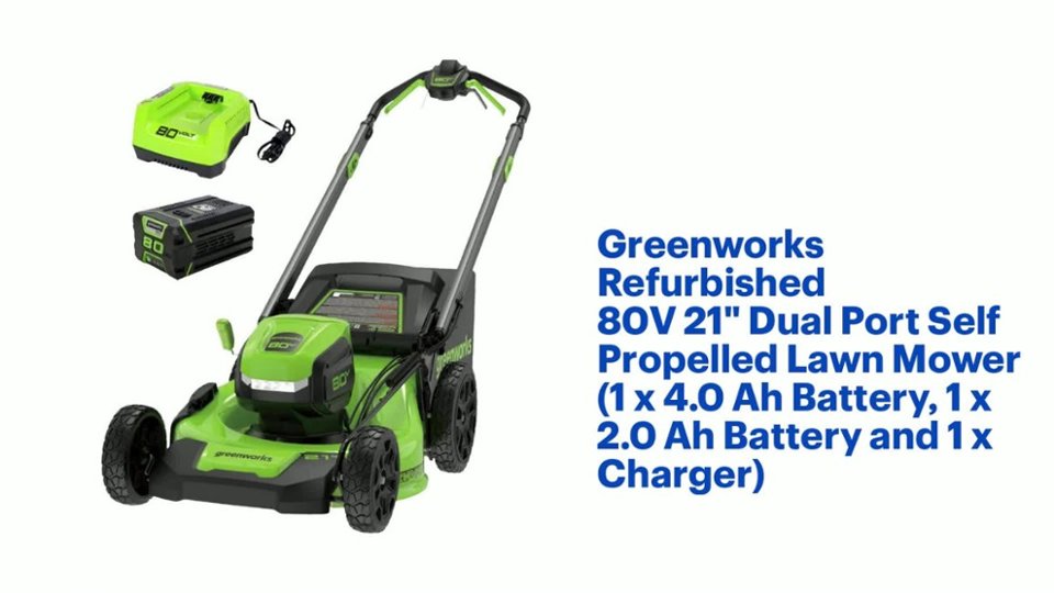 Greenworks - Refurbished 80V 21" Dual Port Self-Propelled Lawn Mower (1 x 4.0 Ah Battery, 1 x 2.0 Ah Battery and 1 x Charger) - Green Product Features video 2 minutes 20 seconds