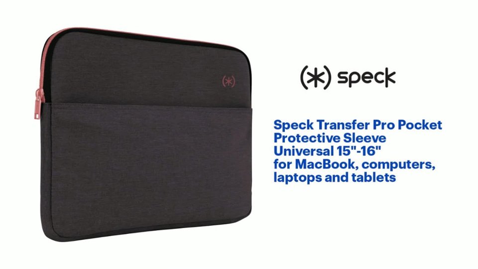 Speck - Transfer Pro Pocket Protective Sleeve Universal 15"-16" for MacBook computers, laptops and tablets - Cloudy Grey/Rose Gold Product Features video 0 minutes 57 seconds